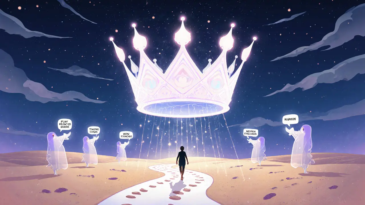 A crown of NFTs above a desert, with five paths leading to it—only one user walks truthfully toward it.