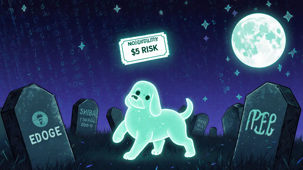 A ghostly EDOGE coin drifts above a crypto graveyard as a tiny lottery ticket glows under a glitching blockchain sky.