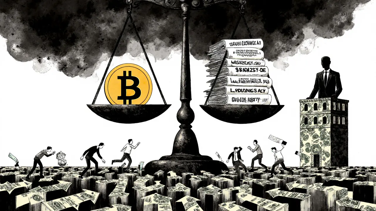 A giant scale balancing Bitcoin against legal documents, with tiny figures lost in a maze of transactions.