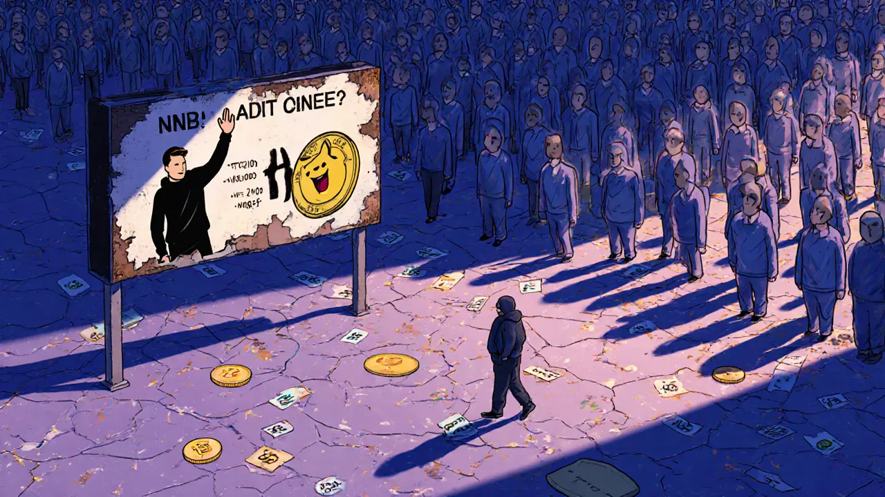 A lone trader in a hoodie tries to exchange BNB for EDOGE in an empty digital marketplace filled with ignoring avatars.