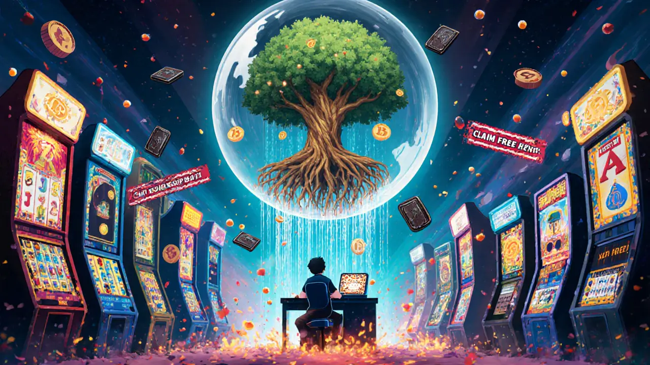 A surreal gaming arcade with XP orbs flowing into a blockchain tree, while scam banners burn away.