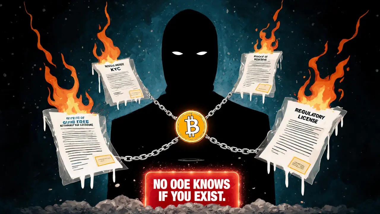 A Bitcoin chained to a faceless shadow in a void, with legal documents burning around it.