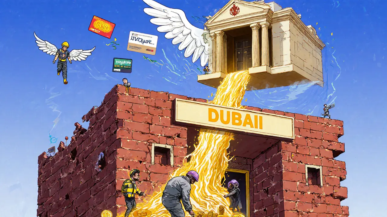 A crumbling bank made of rubles with miners extracting Bitcoin into a portal to Dubai, while traders escape on VPN wings.