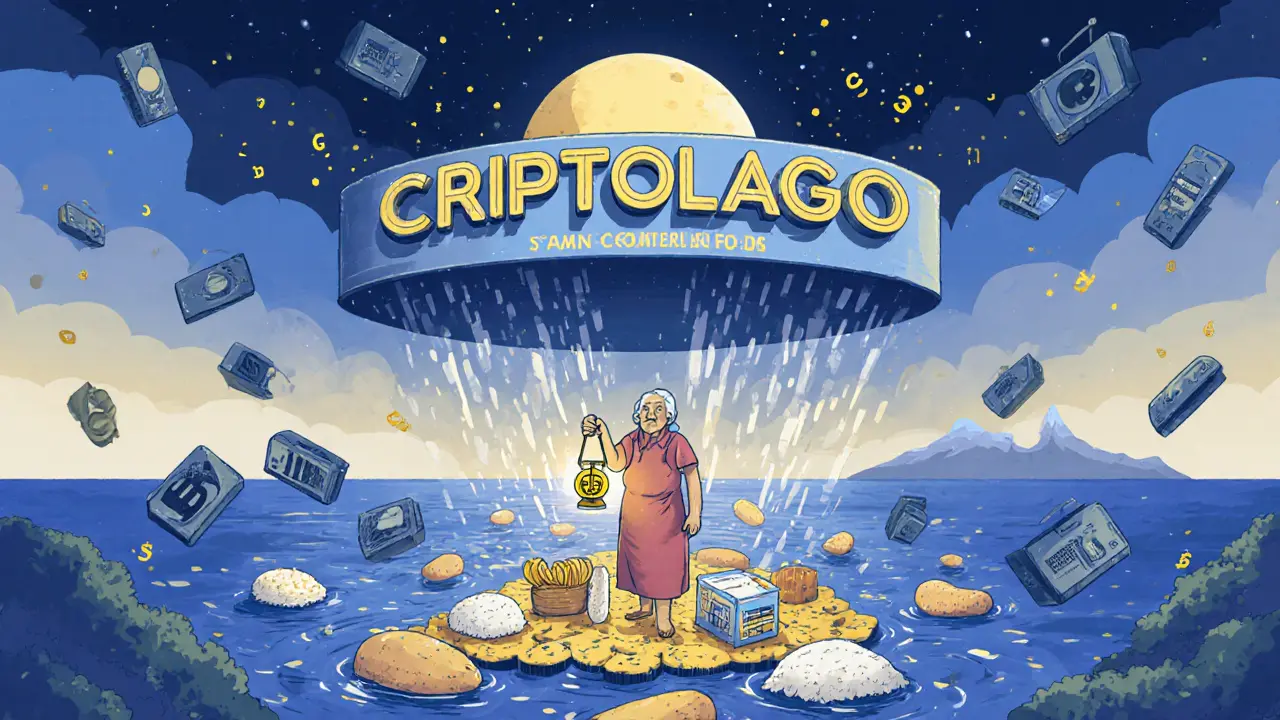 A grandmother holds a USDT token as floating food drifts toward Colombia, under a giant state exchange moon.