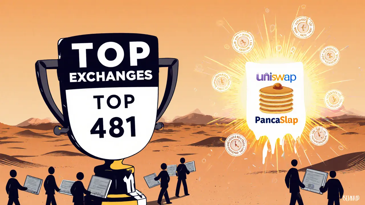 A hollow trophy labeled &#039;Top 481/609&#039; carried through a desert of dead screens, while legitimate exchanges glow brightly in the distance.