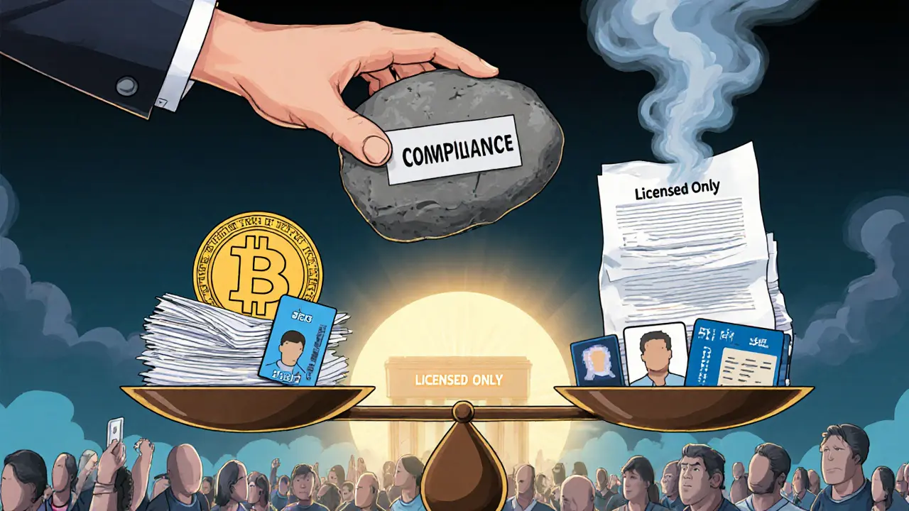 A scale tips under paperwork as a Bitcoin balances precariously, while users dissolve into smoke beneath a &#039;Licensed Only&#039; sign.