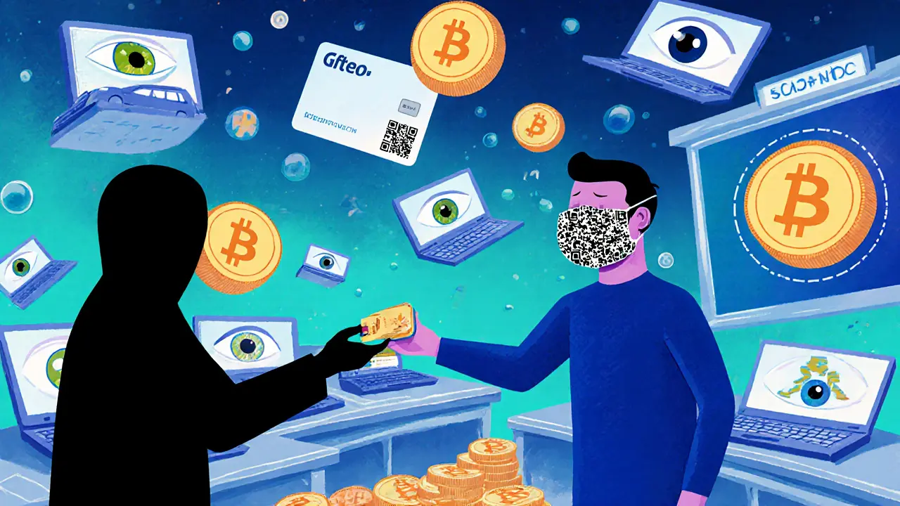 A surreal marketplace trading Bitcoin for gift cards, electronics, and cars, watched by monitoring screens with eyes.