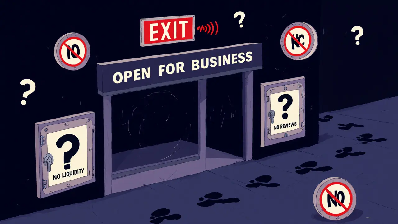 An empty storefront with locked vaults and fading signs, surrounded by question marks as user footprints vanish into darkness.