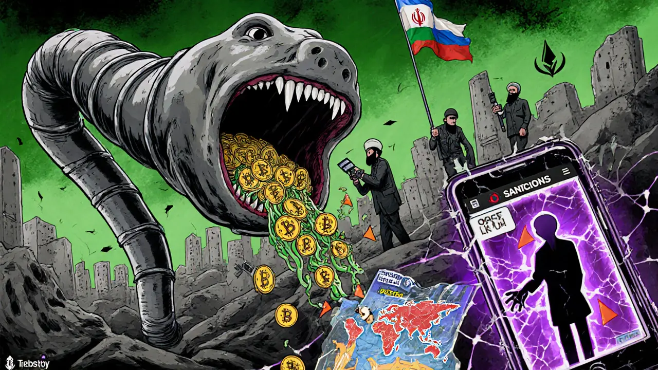An oil pipeline flows with cryptocurrency as shadowy figures manipulate sanctions, in a grotesque surreal cityscape.