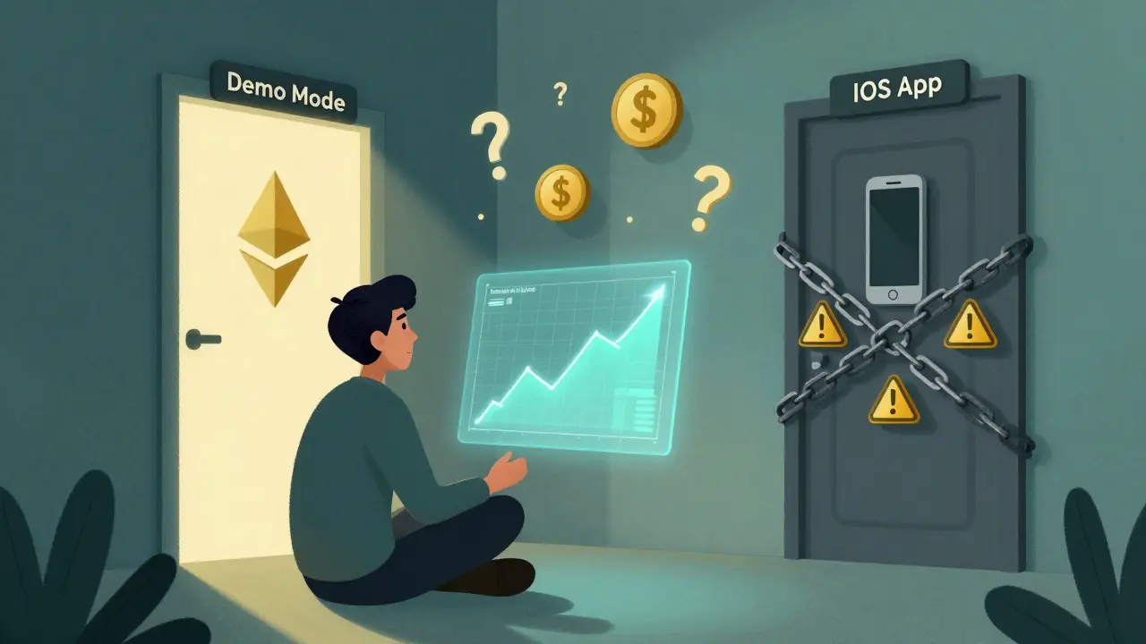 Trader facing holographic chart, demo door glowing, iOS door chained shut, abstract symbols of fees and security around.