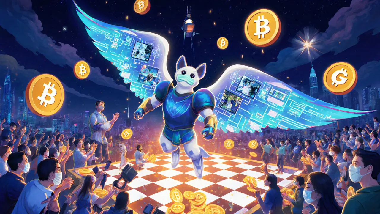 An NFT creature with video wings soars over a global chessboard of cities, as AI referees and golden tokens descend.