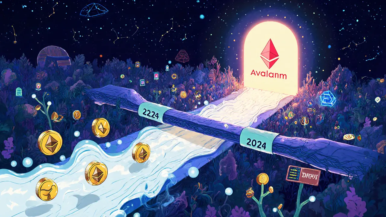 Cross-chain bridge of Ethereum and Avalanche ribbons with APTM coins flowing toward a glowing 2024 portal.