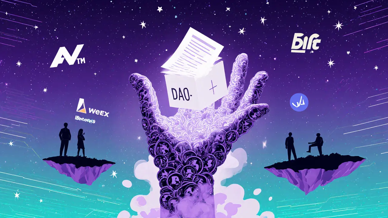 Giant hand of APTM tokens lifting a DAO ballot as VC shadows fade, surrounded by floating exchange logos.