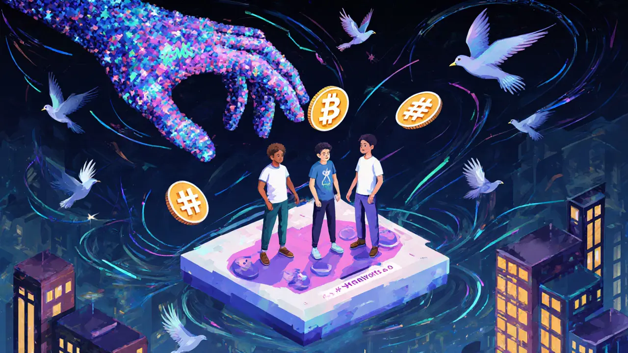 Three players receive floating NFTs from a giant token hand, surrounded by morphing hashtags and a city of esports hotels.