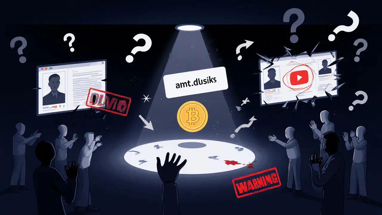 A blank contract address under a spotlight, surrounded by fake bullish arrows and silent figures reaching for a ghost token.