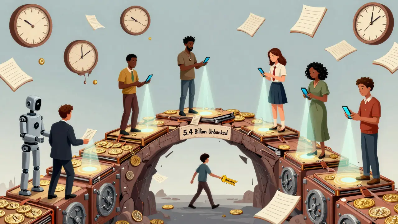 A bridge of wallets and vaults spans a chasm of unbanked people, with diverse users stepping into glowing portals toward financial freedom.