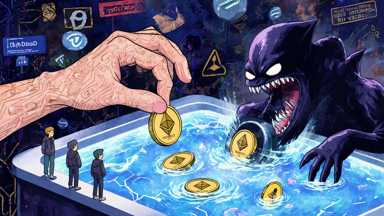 A circuit-hand reaches into a liquidity pool while tiny users watch, with slippage valves and gas fee monsters nearby.