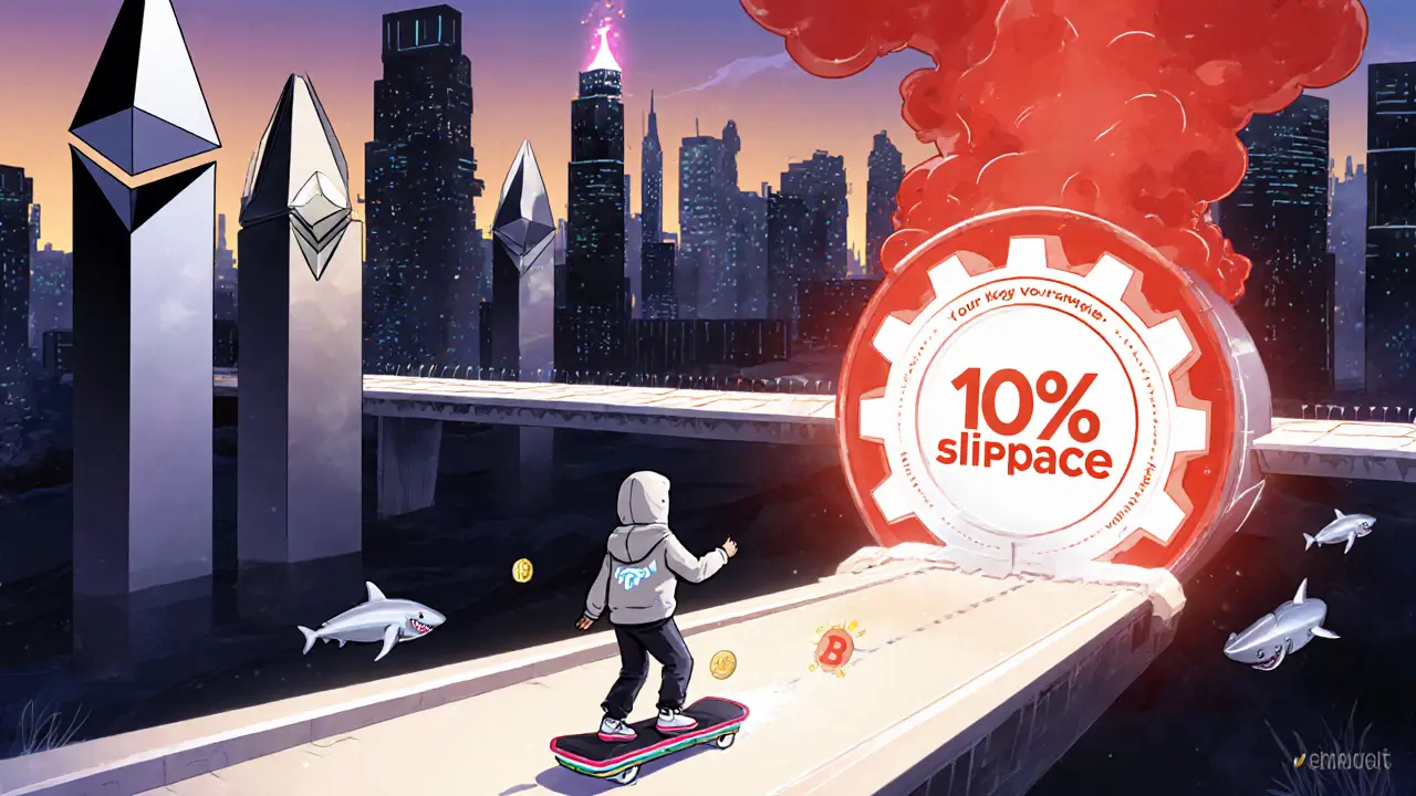 A futuristic Layer 2 city glows under a smoggy Ethereum skyline as a rider avoids fake tokens on a transaction hoverboard.