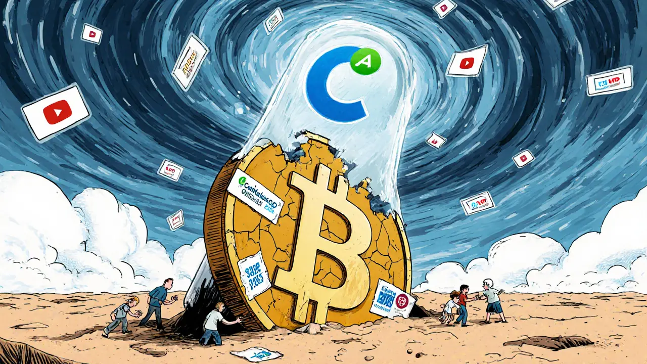 A giant decaying ARV token lies buried as tiny figures crawl toward it under fading logos.