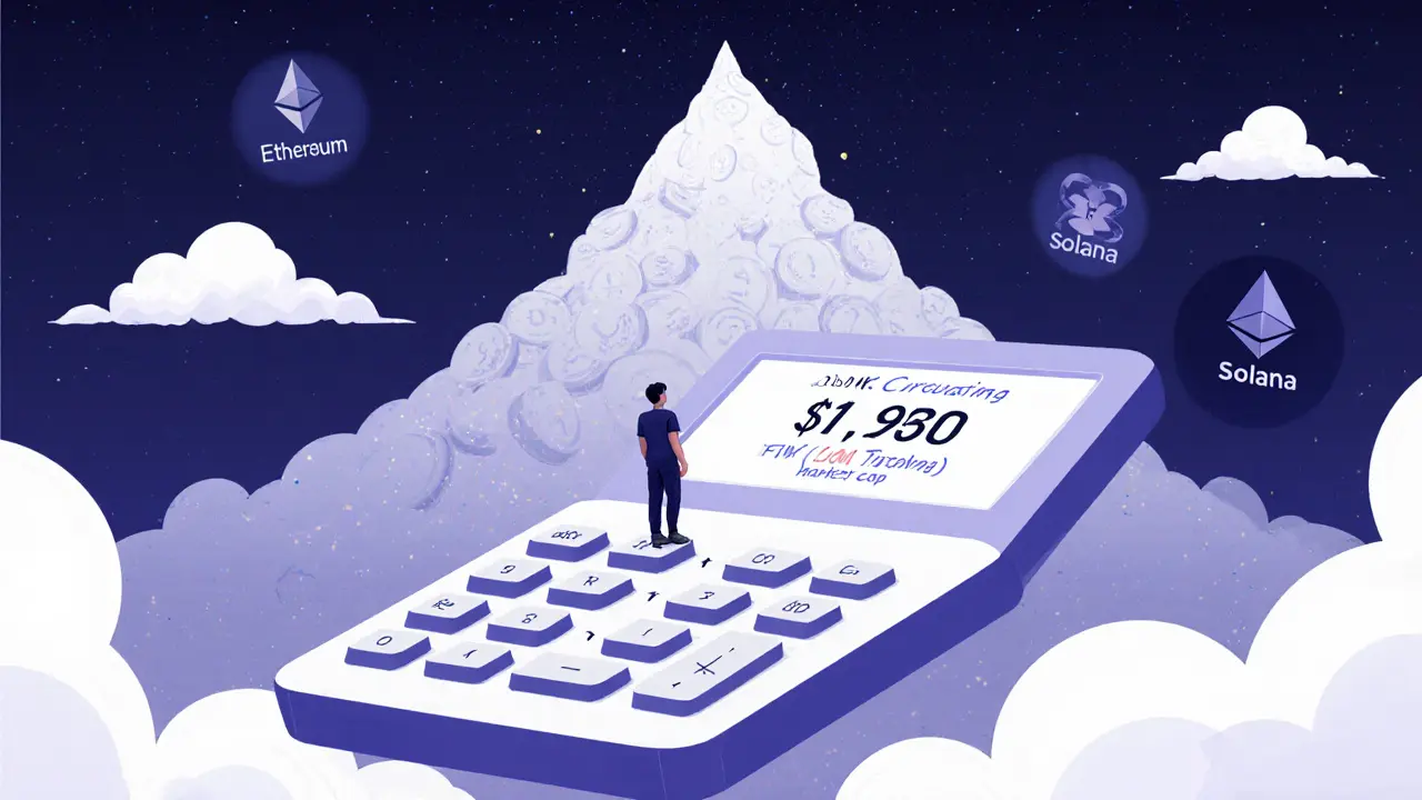 A giant hollow calculator displaying crypto supply numbers with a tiny figure standing on the equals sign, surrounded by invisible tokens.