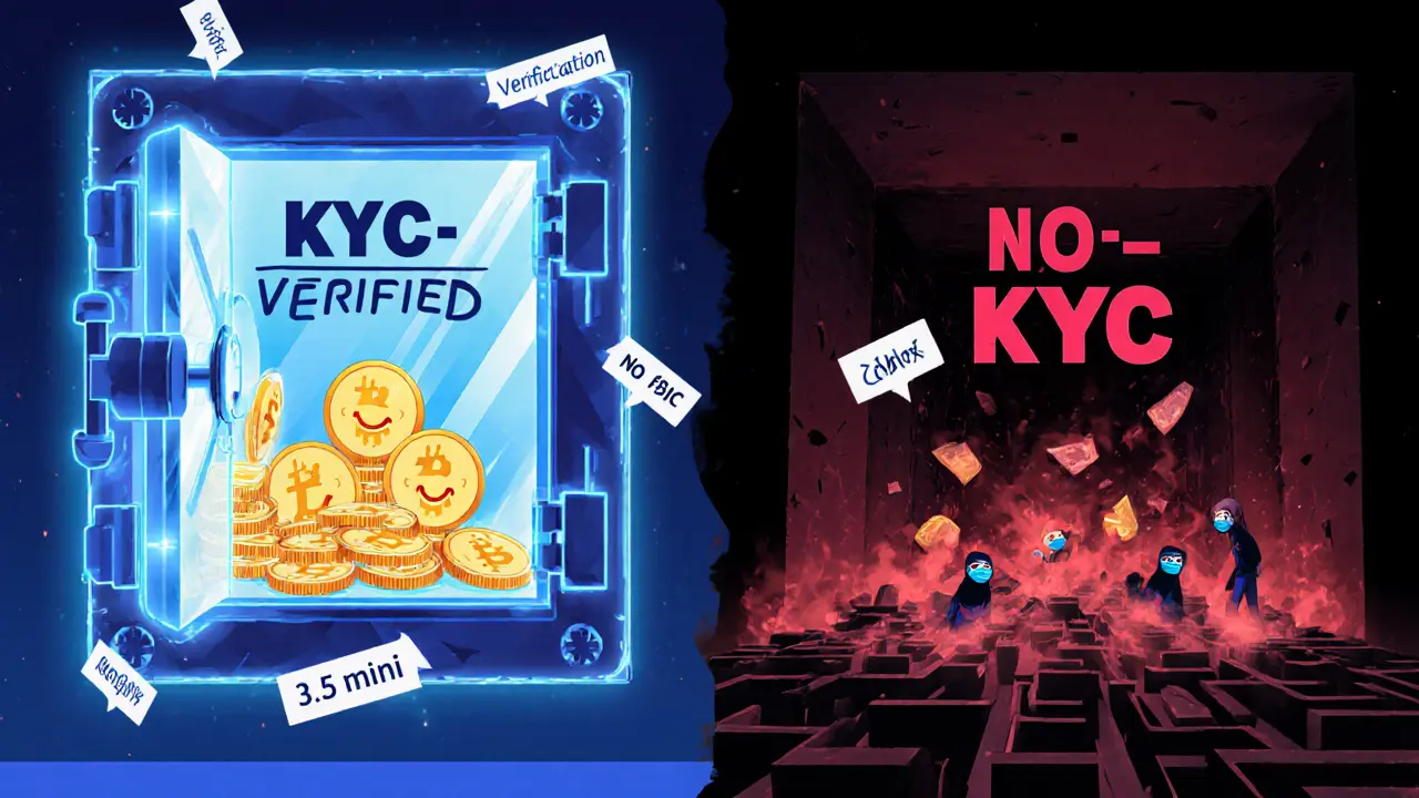 A glowing KYC vault with happy coins opening beside a collapsing dark labyrinth of anonymous crypto tunnels.