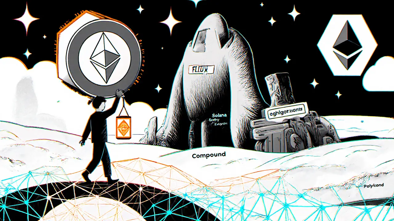 A lone figure walks across crumbling blockchain bridges under giant shadowy DeFi entities, holding a glowing FLUX lantern.