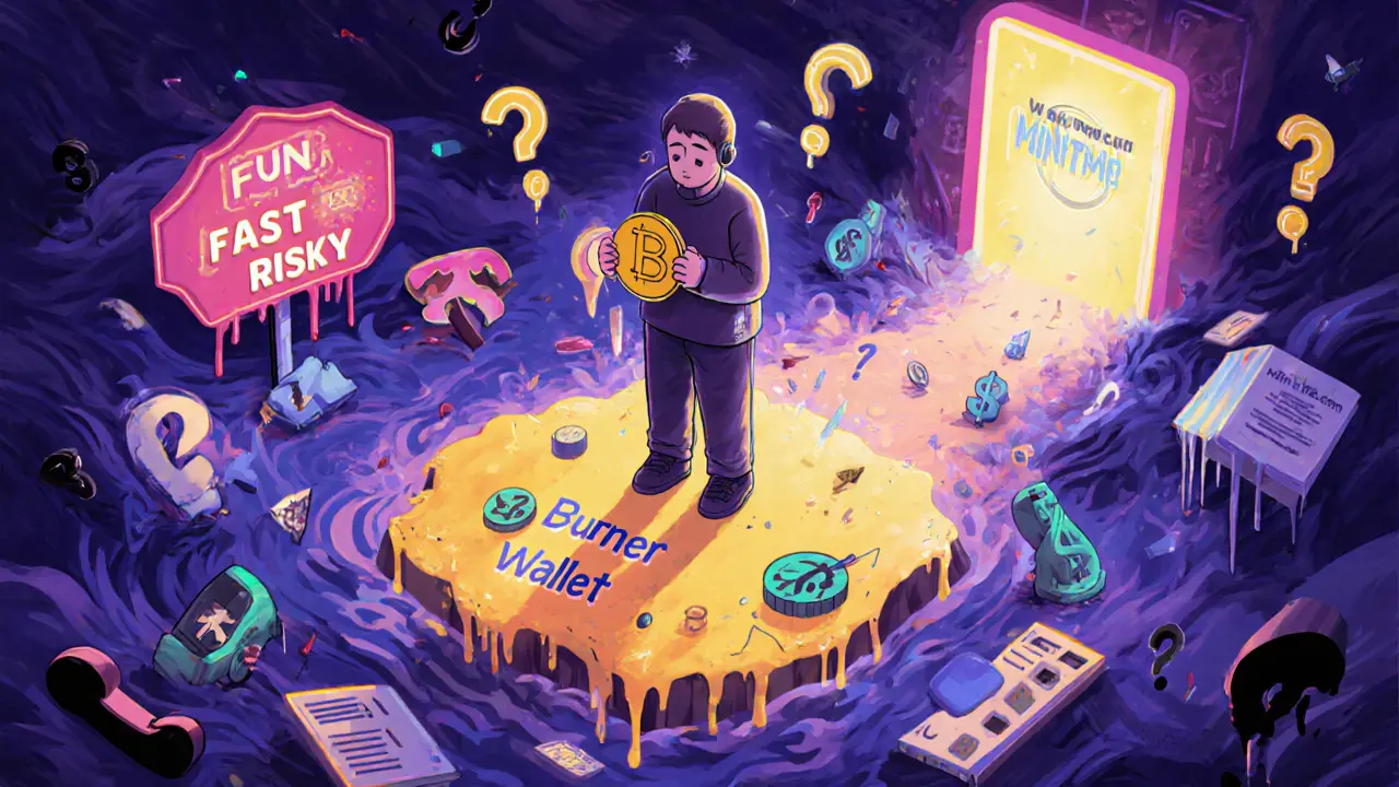 A lone person stands on a small safety island amid a storm of financial chaos, with a glowing &#039;MintMe.com&#039; portal in the distance.