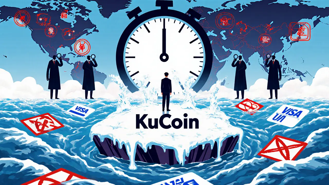A lone user on a drifting island labeled KuCoin, surrounded by frozen payment logos and a melting blockchain clock.