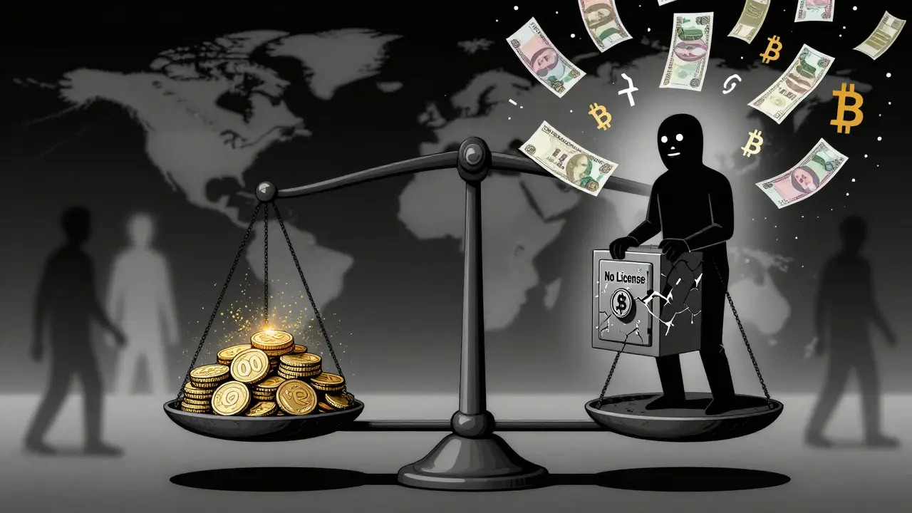 A surreal balance scale weighing low fees against an unlicensed black box, surrounded by floating Turkish banknotes.