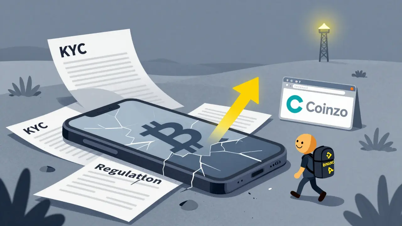 An abandoned phone on paperwork, with a Bitcoin figure walking away toward a glowing licensed exchange tower.