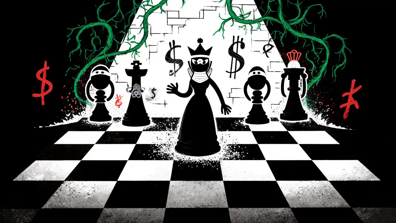 Chessboard of buy/sell orders as masked figures, with an HFT queen erasing retail pawns.