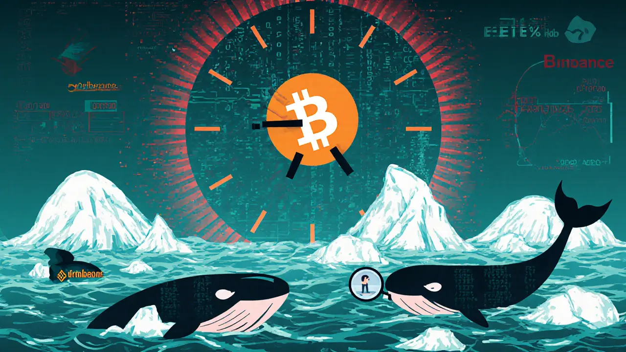 Digital Bitcoin clock above fragmented exchange oceans, with iceberg orders hidden beneath waves.