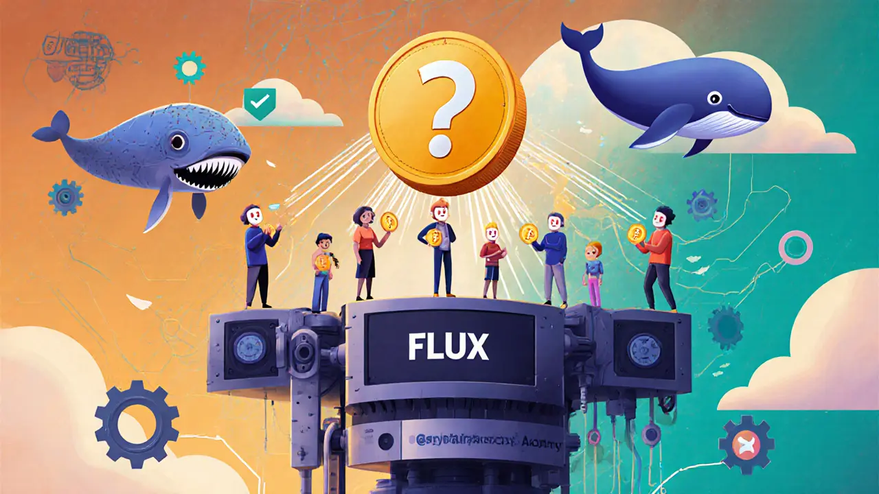 Diverse users on a platform of educational modules, linking FLUX tokens to a giant machine representing Proof-of-Useful-Work.
