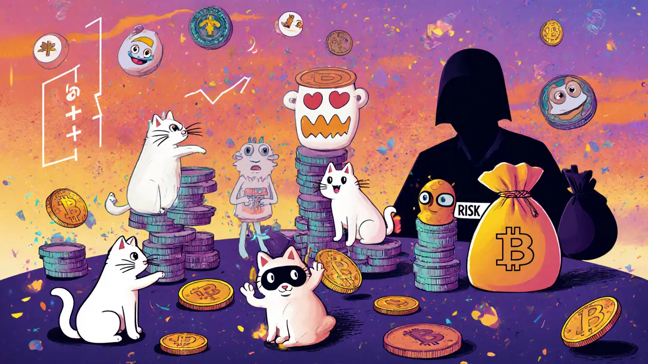 Living token creatures shaped like memes and cats trade on a floating coin board, while a shadowy &#039;Risk&#039; figure looms nearby.