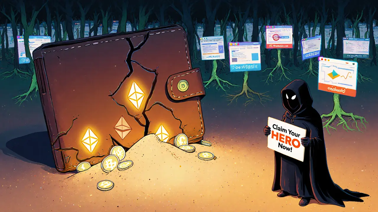 A cracked wallet leaking crypto coins, with fake airdrop websites growing like weeds and one real website glowing faintly in the background.
