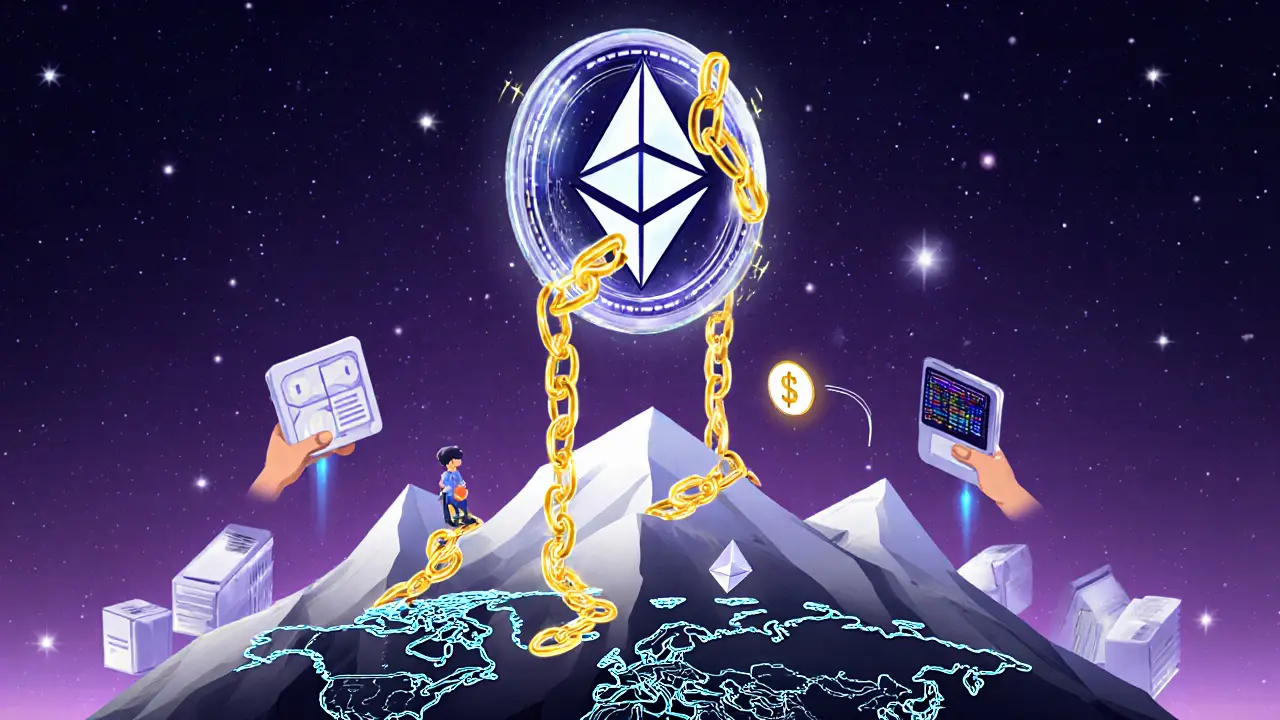 A DAI stablecoin is held steady by glowing Ethereum chains above a global digital map.
