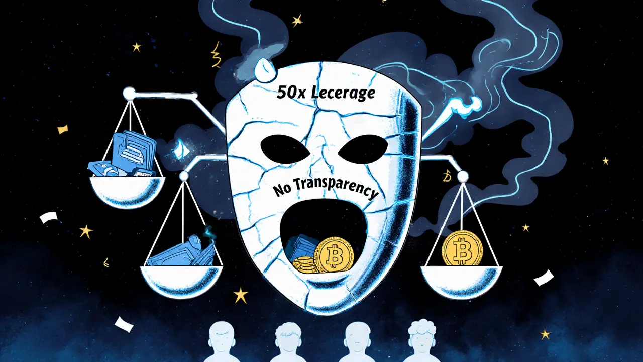 A hollow mask-shaped exchange swallowing wallets, with smoke forming &#039;No Transparency,&#039; and a broken scale balancing gold against silence.