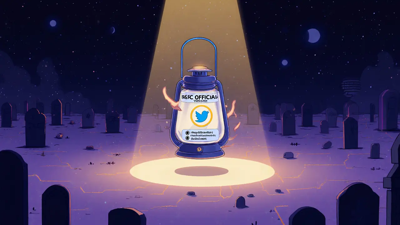 A lone official lantern in a digital void, illuminating verified info while fake airdrop links lurk in darkness.