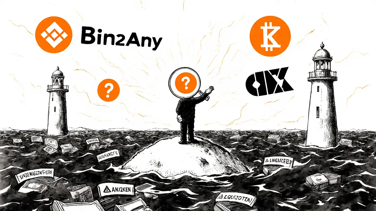 A lone trader on a small island of wallets, surrounded by endless unverified trading pairs, with distant trusted exchanges as lighthouses.