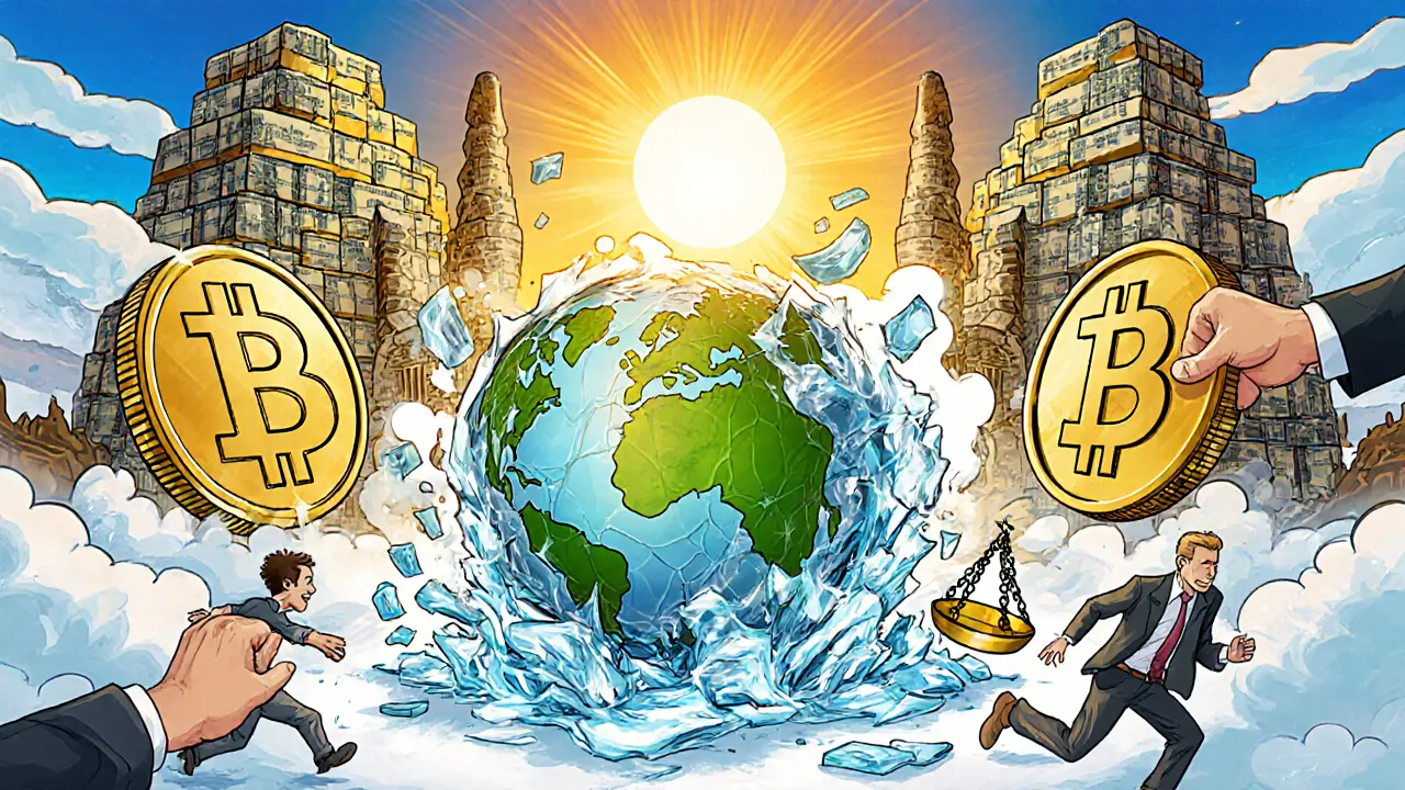 A melting TerraUSD coin collapses as USDC and USDT stand strong under regulatory protection.