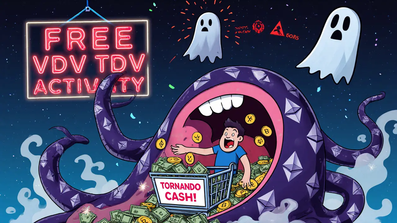 A monstrous shopping cart with Ethereum tentacles consumes a user&#039;s wallet, while fake reviews and &#039;ZERO ACTIVITY&#039; warnings hover above.