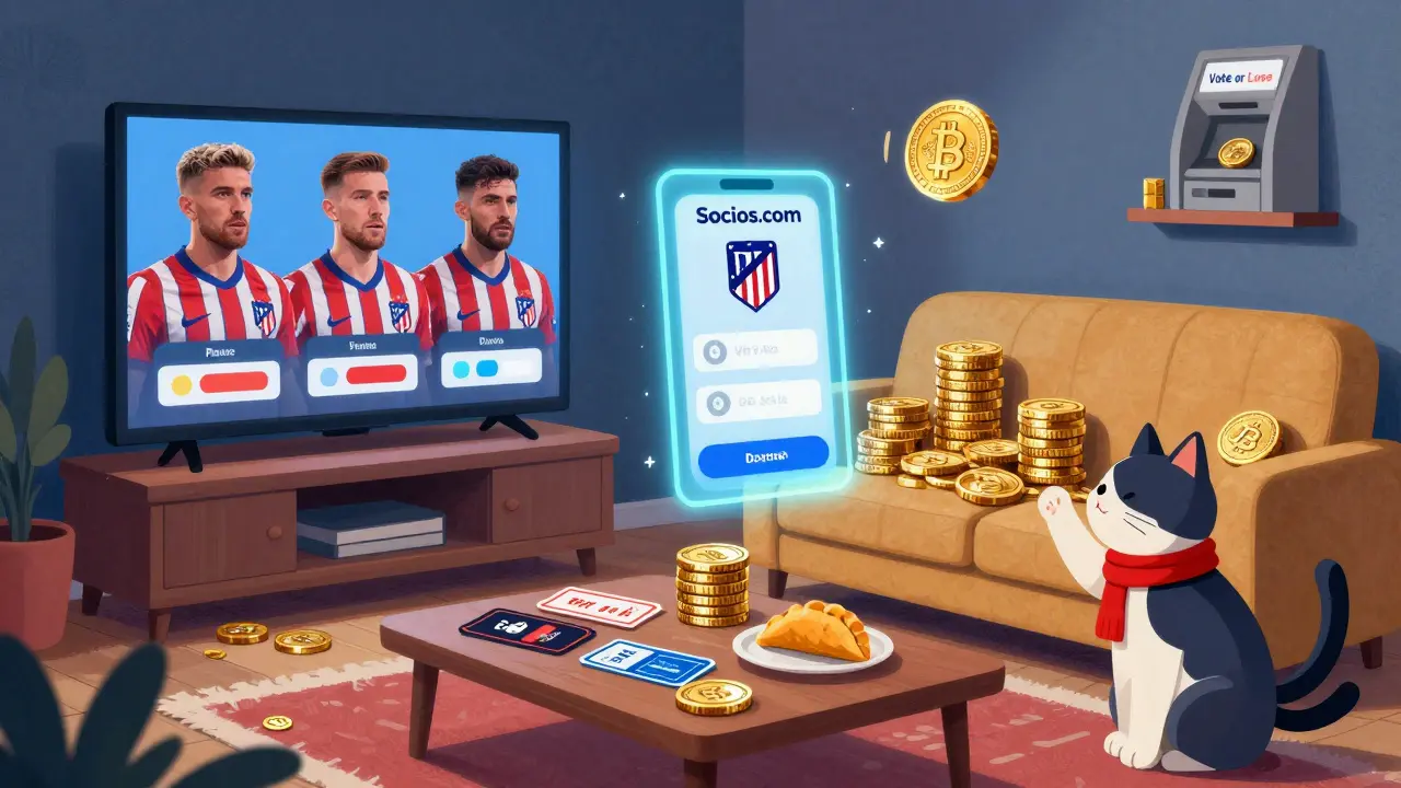 A surreal living room where a TV shows voting polls instead of players, with NFTs and tickets floating nearby.