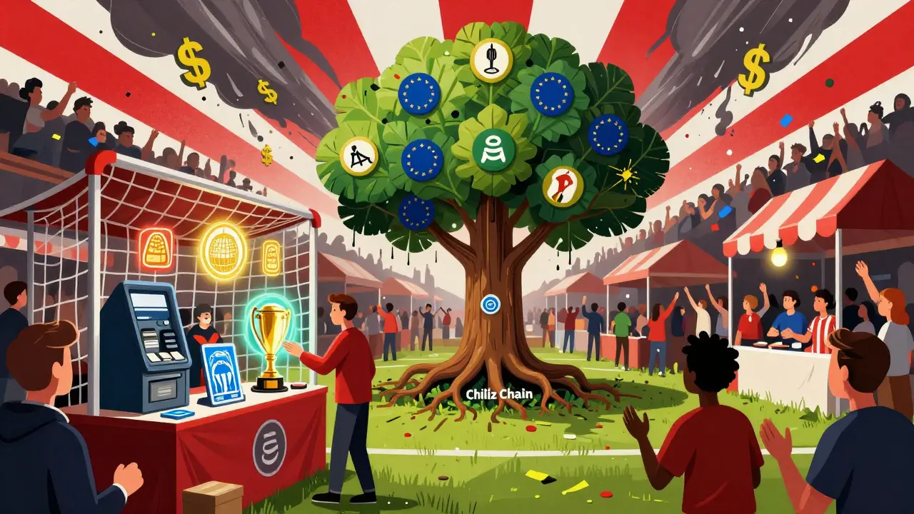 A surreal marketplace where fans trade ATM tokens for NFTs of historic moments under a blockchain tree.