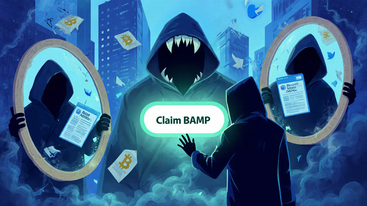 A user reaching for a predatory &#039;Claim BAMP&#039; button, surrounded by scammer shadows and fake social media posts.