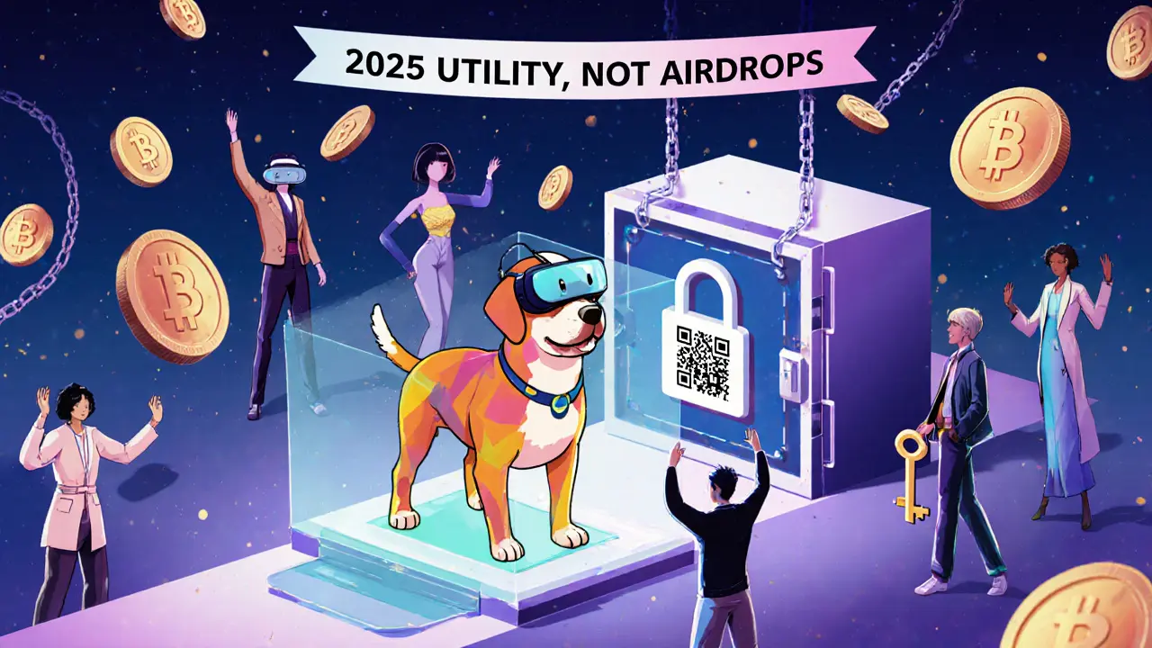 An AR headset projecting a 3D pet scan onto a digital runway, with locked tokens chained beside a key shaped like a QR code.