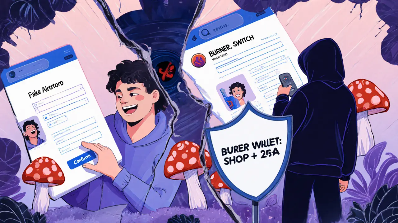 Three versions of a person: one falling for a scam, one losing crypto, one safe behind a shield labeled Burner Wallet + 2FA.