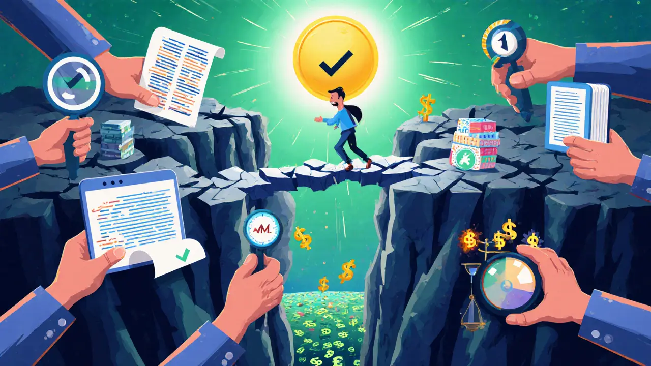 A crumbling blockchain bridge crossed by developers, with six giant auditing hands offering tools against a chasm of exploits.