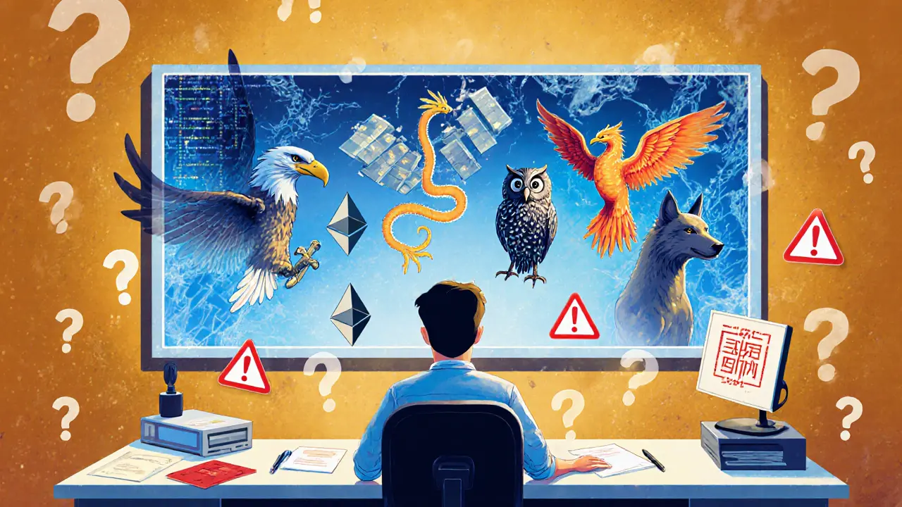 A developer sees six mythical auditing creatures in a mirror, surrounded by code and warnings under golden light.