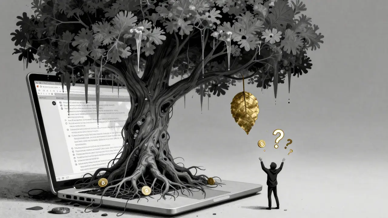 A dying tree grows from a laptop, its branches made of Twitter threads, one NFT leaf hanging loose.