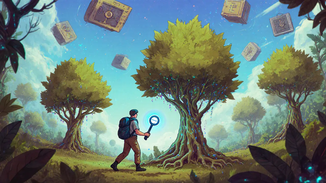 A forest of evolving NFT trees with Filecoin roots and encrypted vaults in the sky, one traveler holds a key.